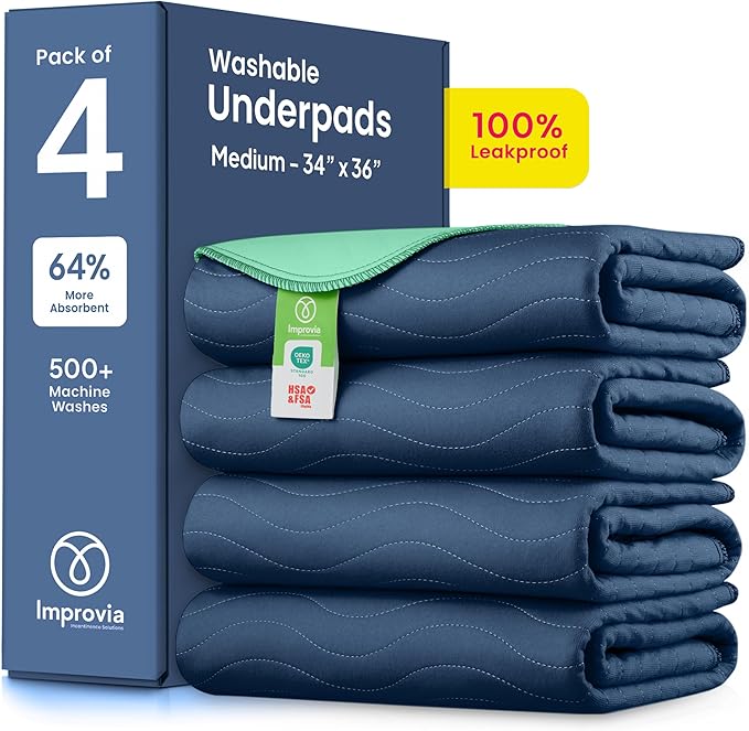 Washable Underpads 34" x 36" Pack of 4 Heavy Absorbency Reusable Bedwetting Incontinence Pads for Adults, Kids, & Pets - Waterproof Protective Pad for Bed, Couch, Sofa, Floor