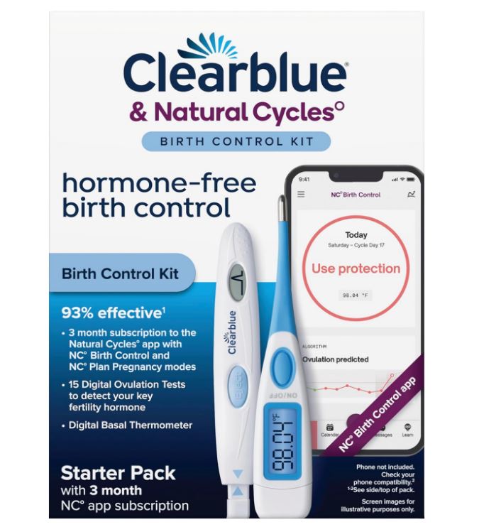 Clearblue & Natural Cycles Hormone-Free Birth Control Kit Starter Pack, 3 Month Subscription to The Natural Cycles app, 15 Digital Ovulation Tests, 1 Digital Basal Thermometer