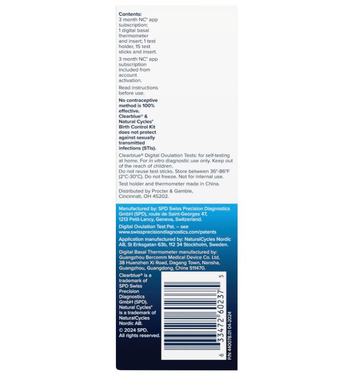 Clearblue & Natural Cycles Hormone-Free Birth Control Kit Starter Pack, 3 Month Subscription to The Natural Cycles app, 15 Digital Ovulation Tests, 1 Digital Basal Thermometer