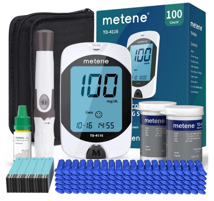 Blood Glucose Monitor Kit, 100 Glucometer Strips, 100 Lancets, 1 Blood Sugar Monitor, Blood Sugar Test Kit with Control Solution, Lancing Device, No Coding, Large Display