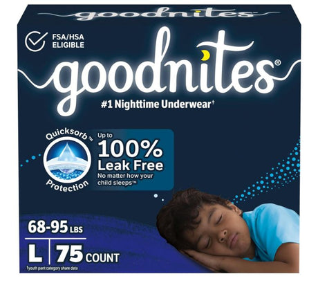Boys' Nighttime Bedwetting Underwear, Size Large (68-95 lbs)