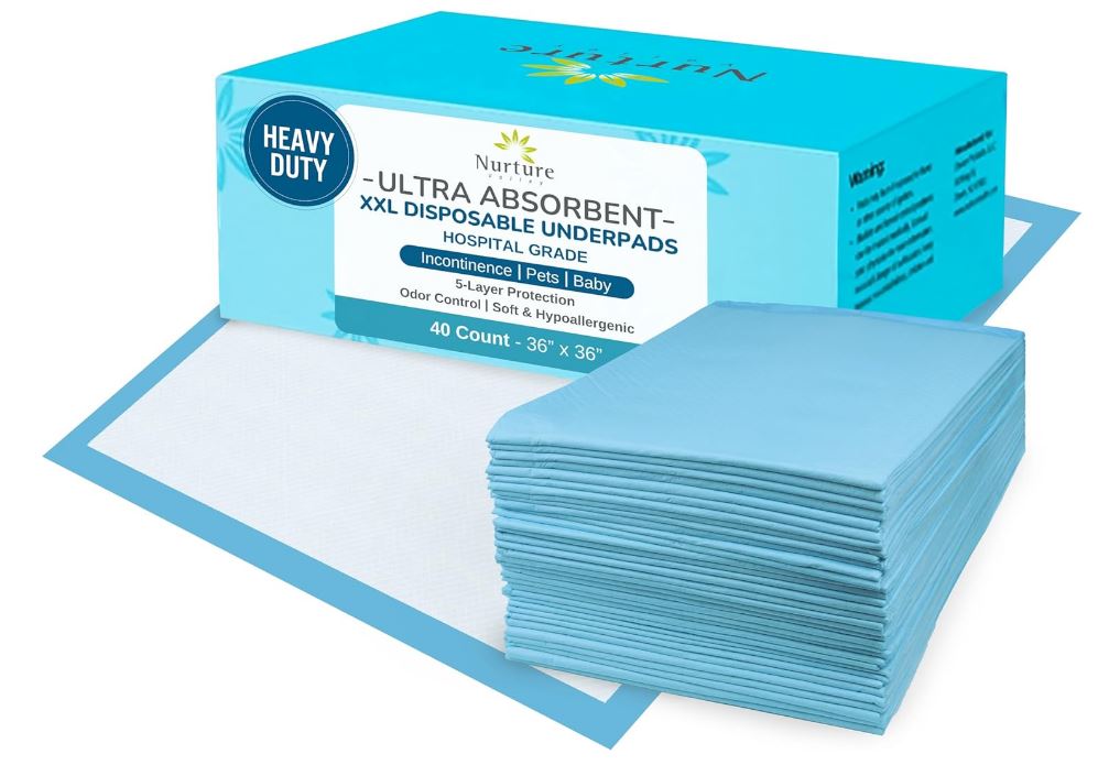 40 XL 36 x 36 Heavy Duty Ultra Absorbent Bed Pads w/ Adhesive by Nurture | Disposable Chux Liners, Underpads, Adult Incontinence Hospital Grade Chucks