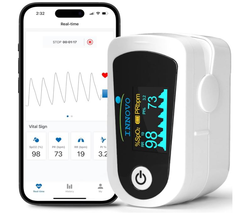 Fingertip Pulse Oximeter, Blood Oxygen Monitor with Free App, Plethysmograph, and Perfusion Index (with Bluetooth)