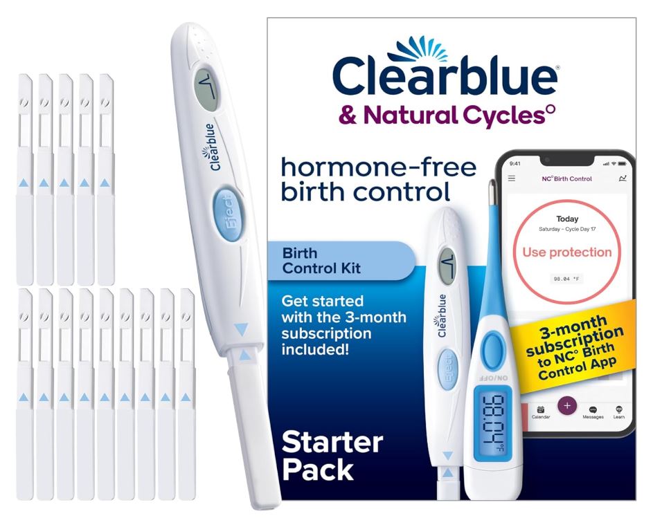 Clearblue & Natural Cycles Hormone-Free Birth Control Kit Starter Pack, 3 Month Subscription to The Natural Cycles app, 15 Digital Ovulation Tests, 1 Digital Basal Thermometer