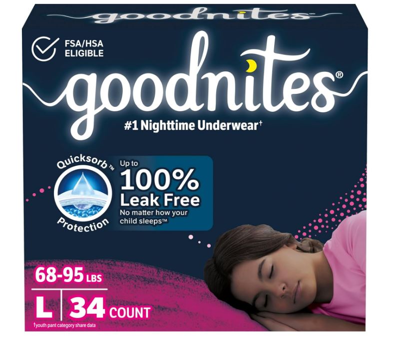 Girls' Nighttime Bedwetting Underwear, Size Large (68-95 lbs)