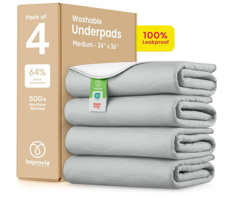 Washable Underpads 34" x 36" Pack of 4 Heavy Absorbency Reusable Bedwetting Incontinence Pads for Adults, Kids, & Pets - Waterproof Protective Pad for Bed, Couch, Sofa, Floor
