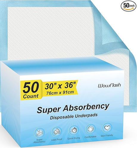 50 Count 30" x 36" or 36" x 36" Super Absorbency Disposable Underpads - Leakproof Quick Drying Pads for Baby, Puppy & Adults, Bed Pads, Incontinence & Dog Pee