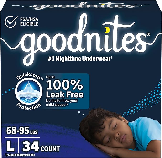 Boys' Nighttime Bedwetting Underwear, Size Large (68-95 lbs)
