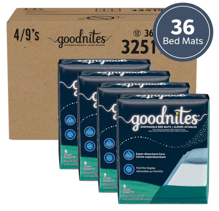 Goodnites Disposable Bed Pads/Bed Mats for Bedwetting, 2.4 x 2.8 ft, 36 Ct (4 Packs of 9)