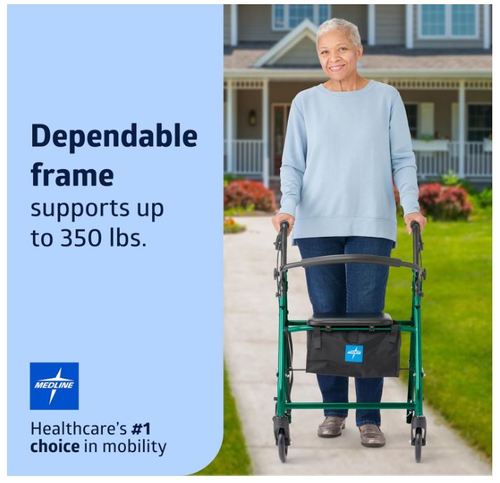 Medline Steel Rollator Walker for Adult Mobility Impairment, Burgundy, 350 lb. Weight Capacity, 6” Wheels, Foldable, Adjustable Handles, Rolling Walker for Seniors