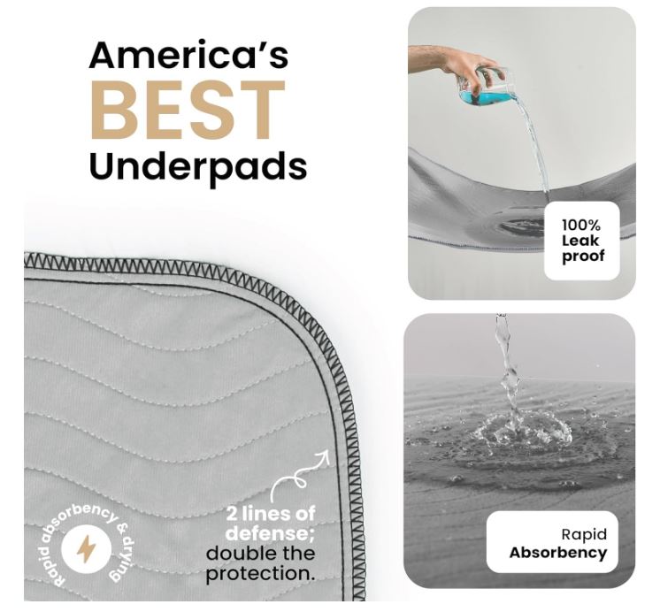 Washable Underpads 34" x 36" Pack of 4 Heavy Absorbency Reusable Bedwetting Incontinence Pads for Adults, Kids, & Pets - Waterproof Protective Pad for Bed, Couch, Sofa, Floor