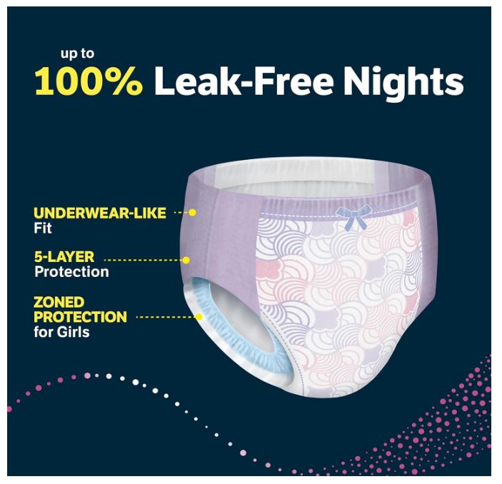 Girls' Nighttime Bedwetting Underwear, Size Large (68-95 lbs)