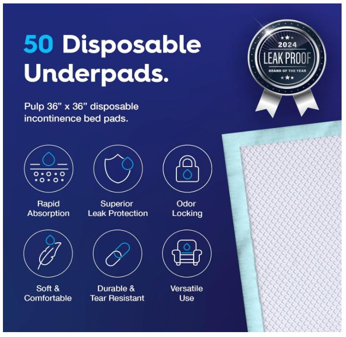 50 x  Bed Pads 36" x 36" | Extra Large Disposable Underpads | Heavy Duty & Ultra Absorbent Leak Proof Chucks Pads for Adults, Children, Babies & Pets | FSA & HSA Eligible