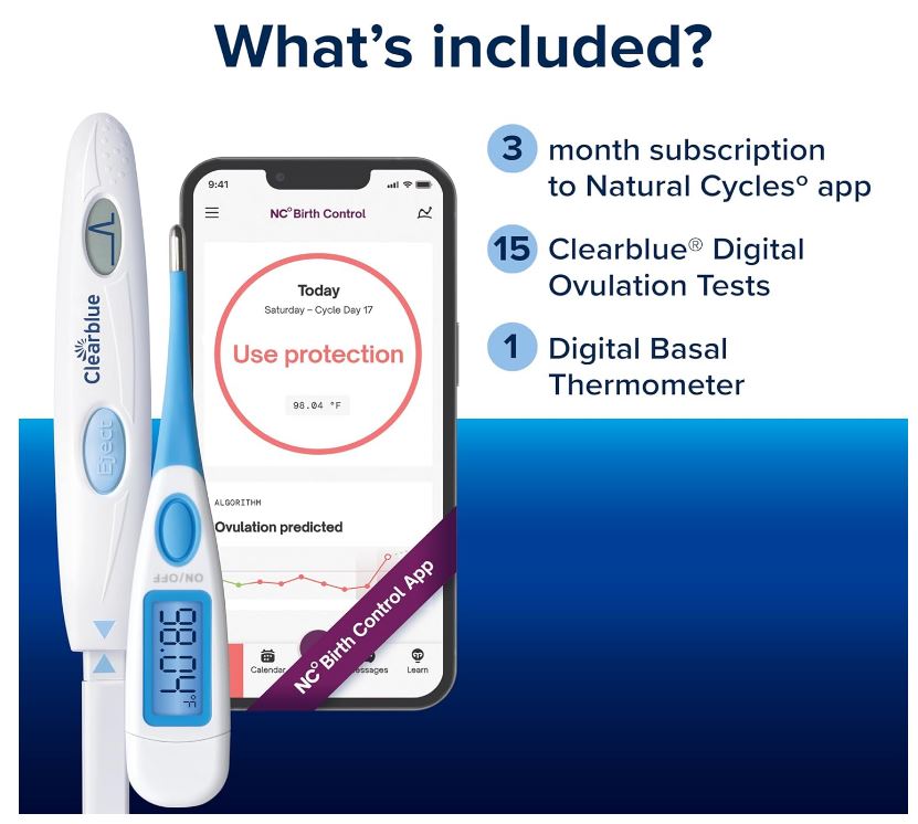 Clearblue & Natural Cycles Hormone-Free Birth Control Kit Starter Pack, 3 Month Subscription to The Natural Cycles app, 15 Digital Ovulation Tests, 1 Digital Basal Thermometer