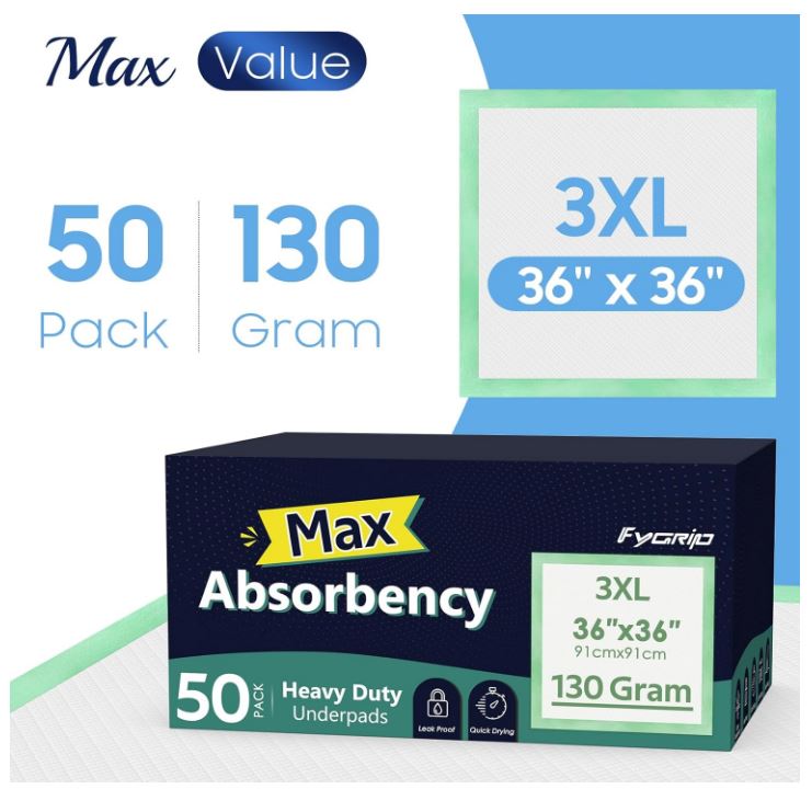 50 Count Hospital Grade 130 Gram 36” x 36” Max Absorbency Disposable Underpads, Leakproof Quick Drying XXXL Bed Pads Disposable for Adults, Kids, Pets Incontinence Pads, Pee Pads