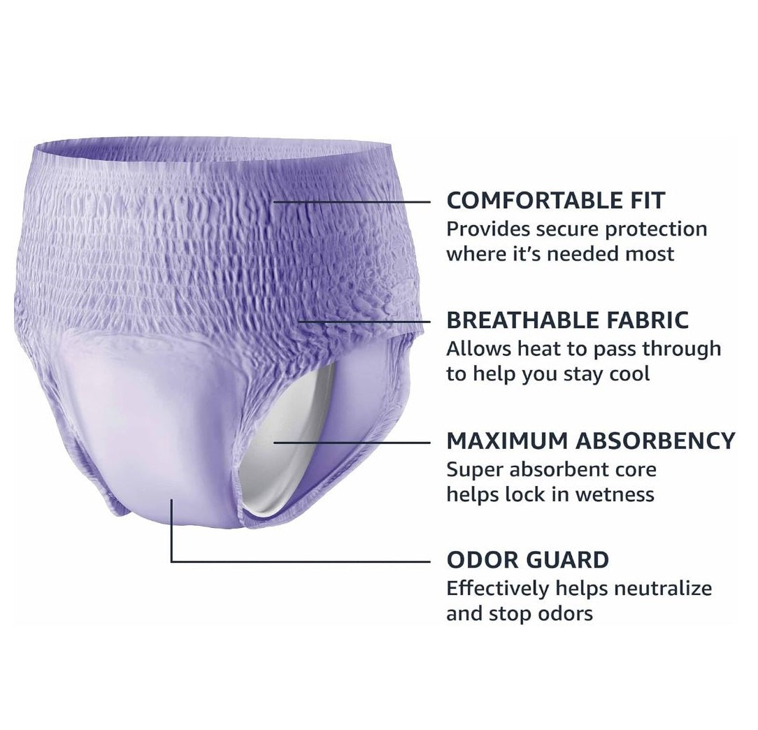 Incontinence Underwear for Women, Protective, Disposable, Postpartum, Maximum Absorbency, Large, Lavender, 54 Count (3 Packs of 18)
