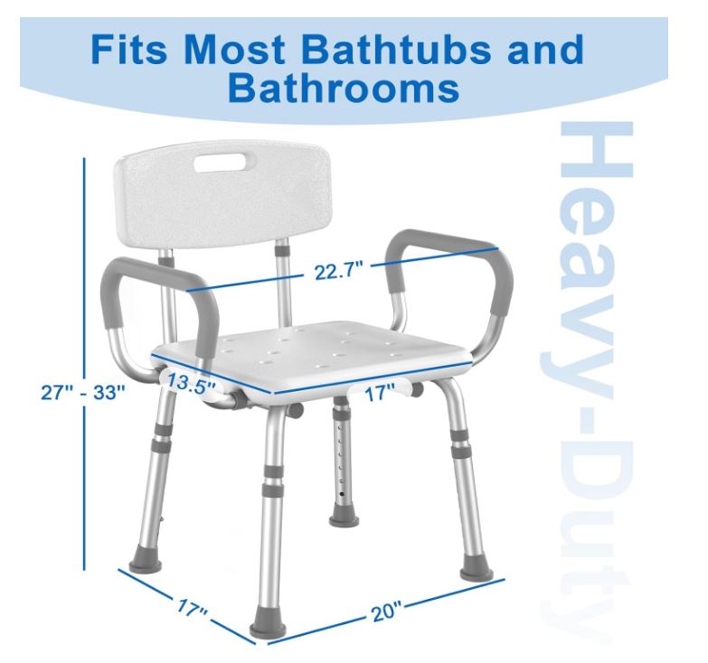 Shower Chair for Inside Shower with Arms and Back, 500 lbs Heavy Duty Shower Seat for Bathtub, Height Adjustable Safety Bath Seat for Elderly, Adults, Handicap and Disabled