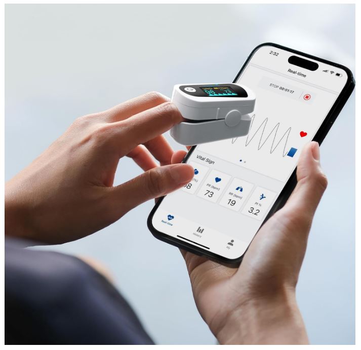 Fingertip Pulse Oximeter, Blood Oxygen Monitor with Free App, Plethysmograph, and Perfusion Index (with Bluetooth)