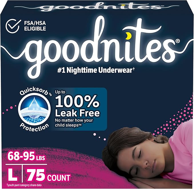Girls' Nighttime Bedwetting Underwear, Size Large (68-95 lbs)