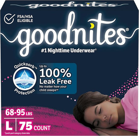 Girls' Nighttime Bedwetting Underwear, Size Large (68-95 lbs)