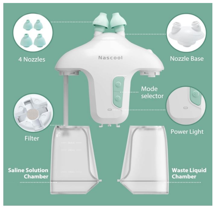 Electric Nasal Irrigation System with 50 Salt Packets, 2 Modes Nose Cleaner with SelfCleaning & Auto Waste Collection Function for Sinus Relief Runny Nose, Nasal Congestion, Itching Nose