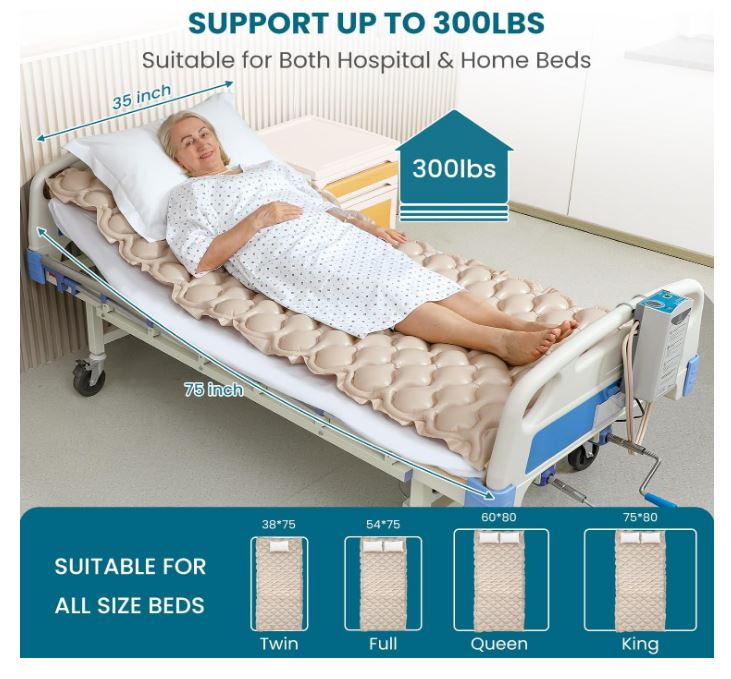 Alternating Air Pressure Mattress Pad, Bed Sore Prevention, Hospital Bed Mattress Topper with Whisper Quiet Pump & Waterproof, Heat Resistant Ulcer Cushion Pad for Hospital, Home, Medical Use