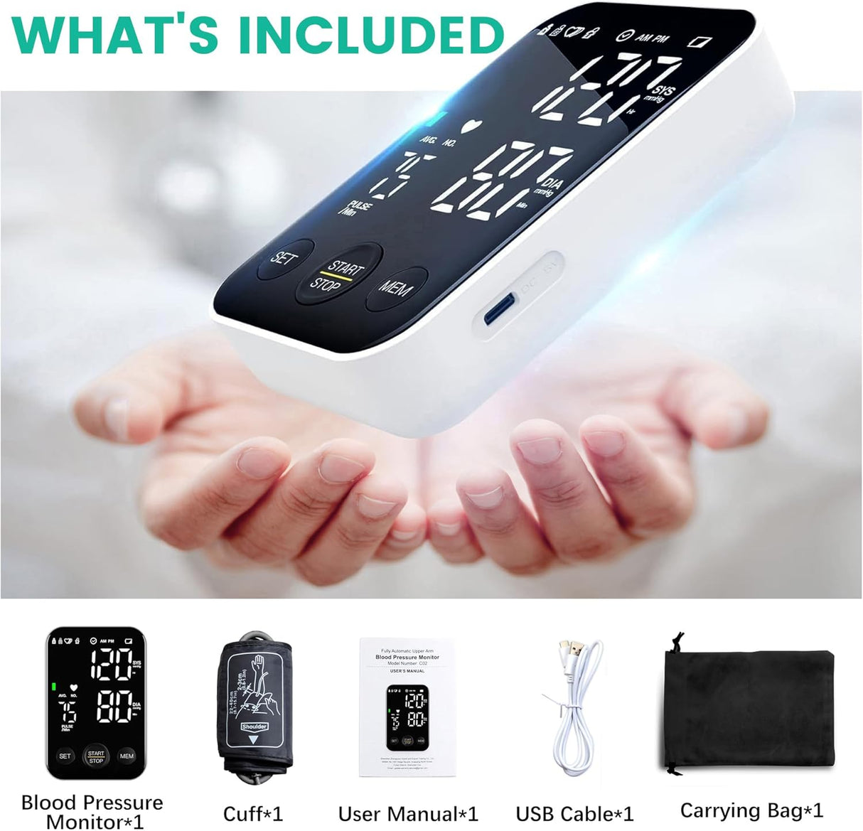Blood Pressure Monitor Upper Arm Monitors for Home Use BP Machine Sphygmomanometer with 2x120 Reading Memory Adjustable Arm Cuff 8.7"-15.7" Large Display with LED Background Light Storage Bag