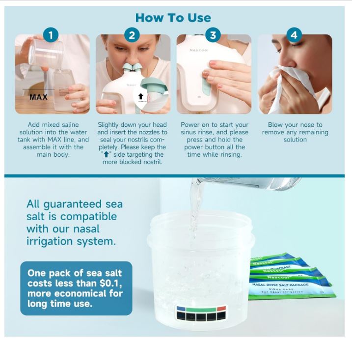 Electric Nasal Irrigation System with 50 Salt Packets, 2 Modes Nose Cleaner with SelfCleaning & Auto Waste Collection Function for Sinus Relief Runny Nose, Nasal Congestion, Itching Nose