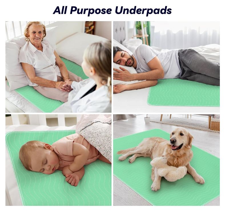 4 Pack 36” x 54” Extra Heavy Absorbency Washable Underpads, Waterproof Nursing Pads Incontinence Bed Pads, Reusable Washable Pee Pads for Dogs, Diaper Changing & Adults, Mattress Protector
