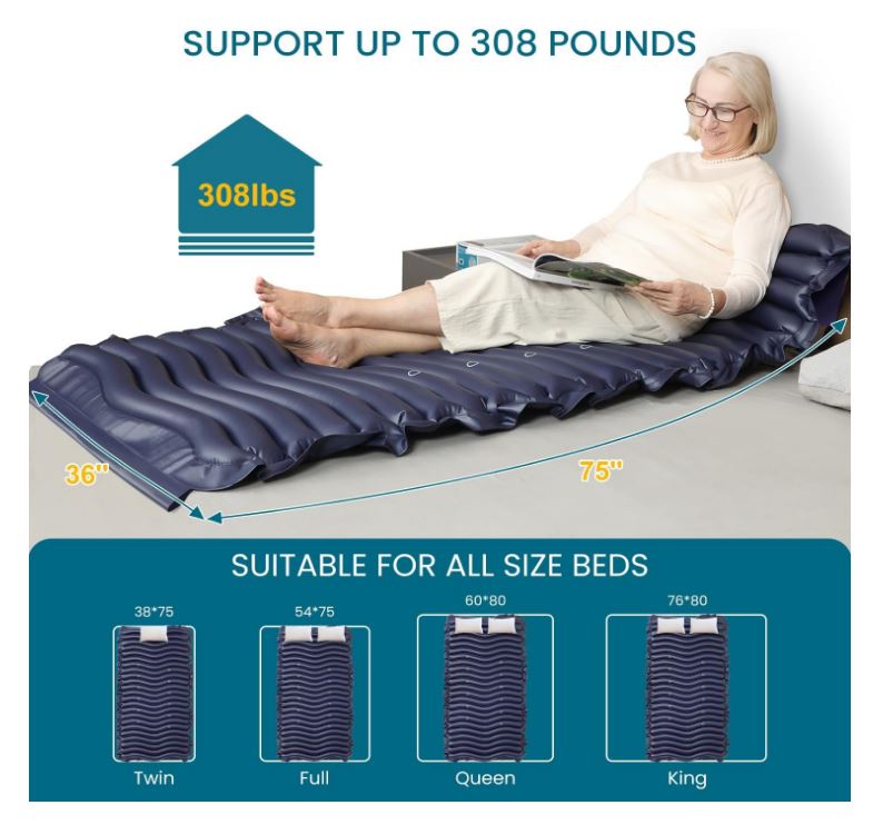 Alternating Air Pressure Mattress Pad with Micro Air Vents for Bedsore Prevention, with Whisper Quiet Pump, Waterproof Pressure Relief Ulcer Cushion Pad for Bed Sores for Hospital Bed Home Use