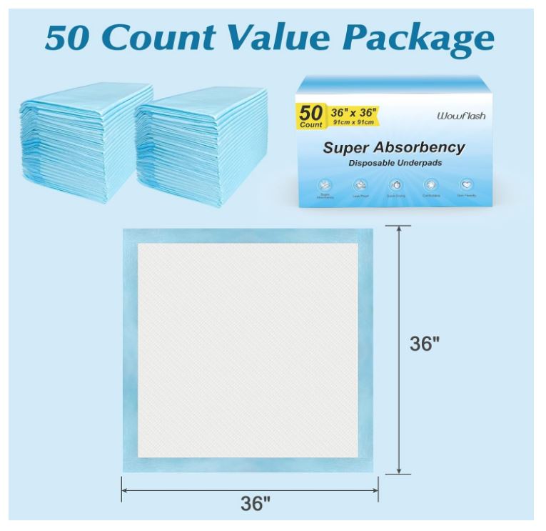 50 Count 30" x 36" or 36" x 36" Super Absorbency Disposable Underpads - Leakproof Quick Drying Pads for Baby, Puppy & Adults, Bed Pads, Incontinence & Dog Pee